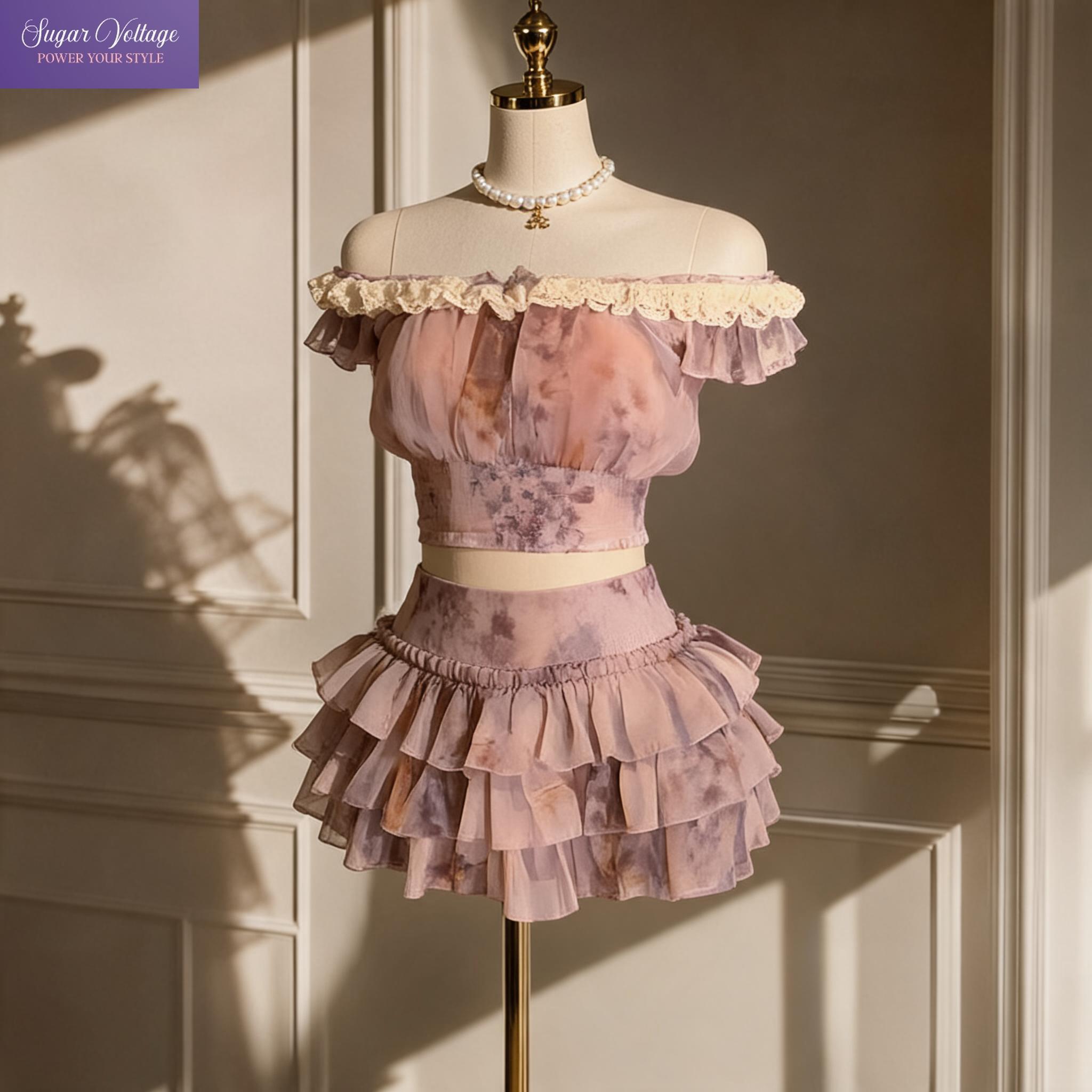 Elastic Lace Trim - Completo Coquette Francese con Spalle Scoperte,